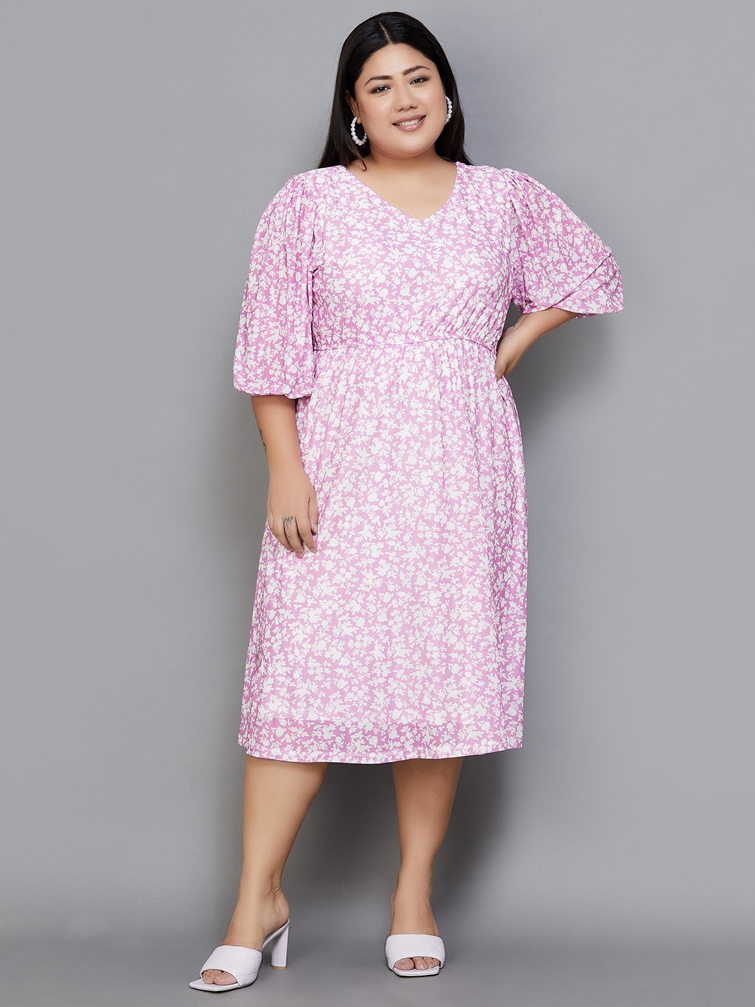 

Nexus by Lifestyle Plus Size Floral Printed V-Neck Puff Sleeve A-Line Dress, Lavender