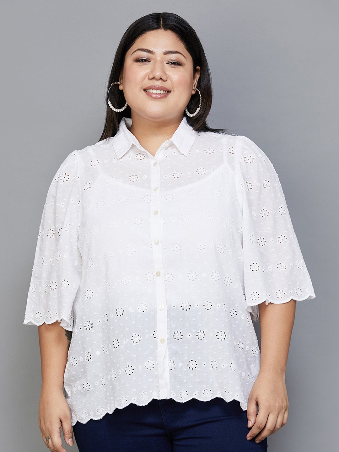 

Nexus by Lifestyle Plus Size Self Design Flared Sleeves Cotton Shirt Style Top, Off white