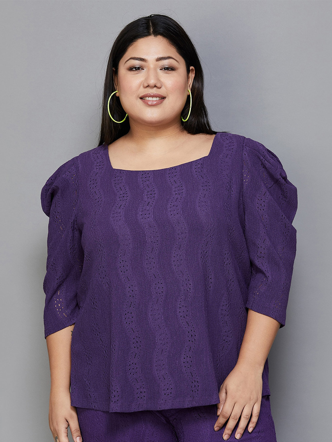 

Nexus by Lifestyle Plus Size Self Design Square Neck Puff Sleeves Casual Top, Purple