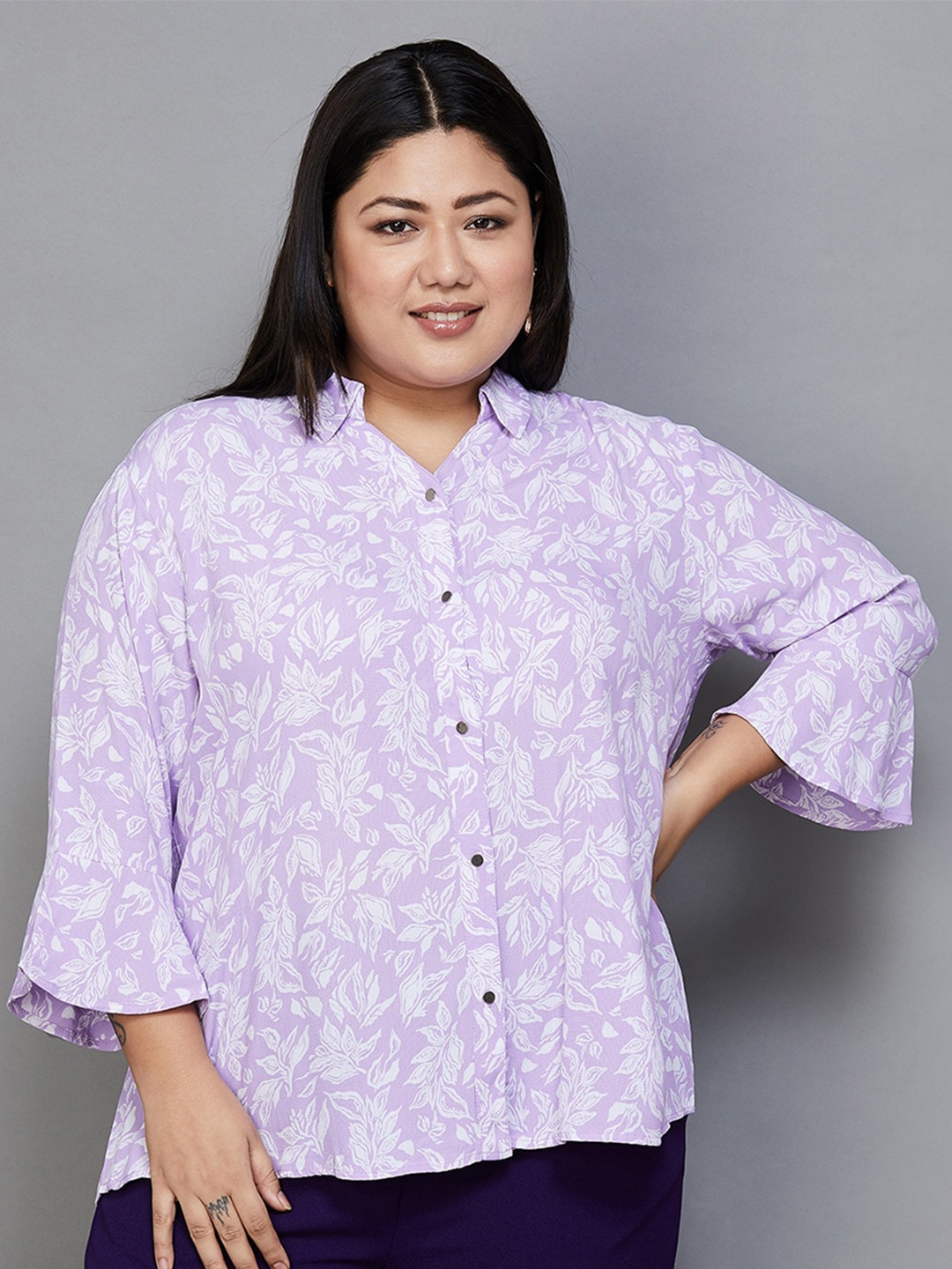 

Nexus by Lifestyle Floral Printed Plus Size Shirt Collar Bell Sleeves Shirt Style Top, Purple
