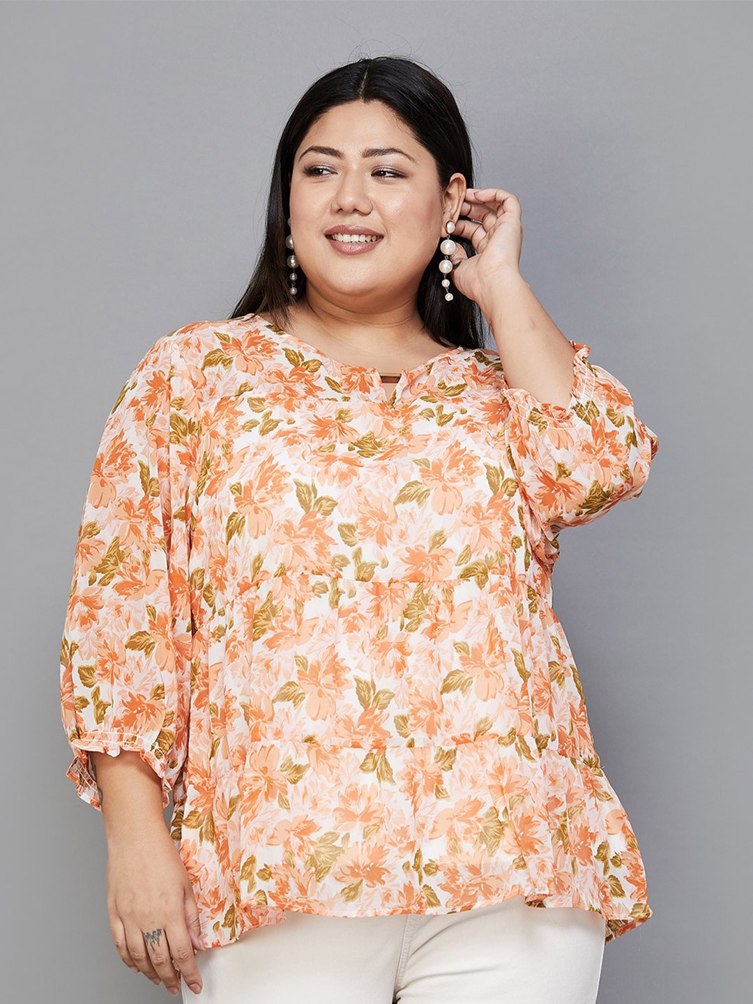 

Nexus by Lifestyle Plus Size Floral Printed Keyhole Neck Puff Sleeve A-Line Top, Off white