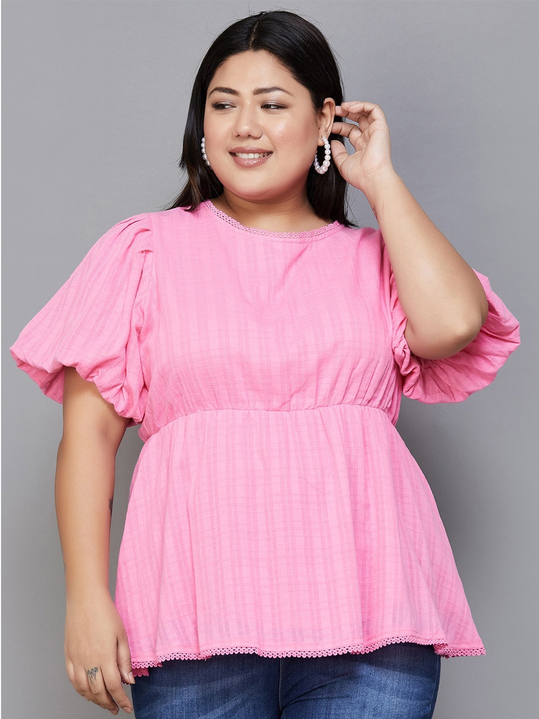 

Nexus by Lifestyle Plus Size Puff Sleeves Pure Cotton Empire Top, Pink
