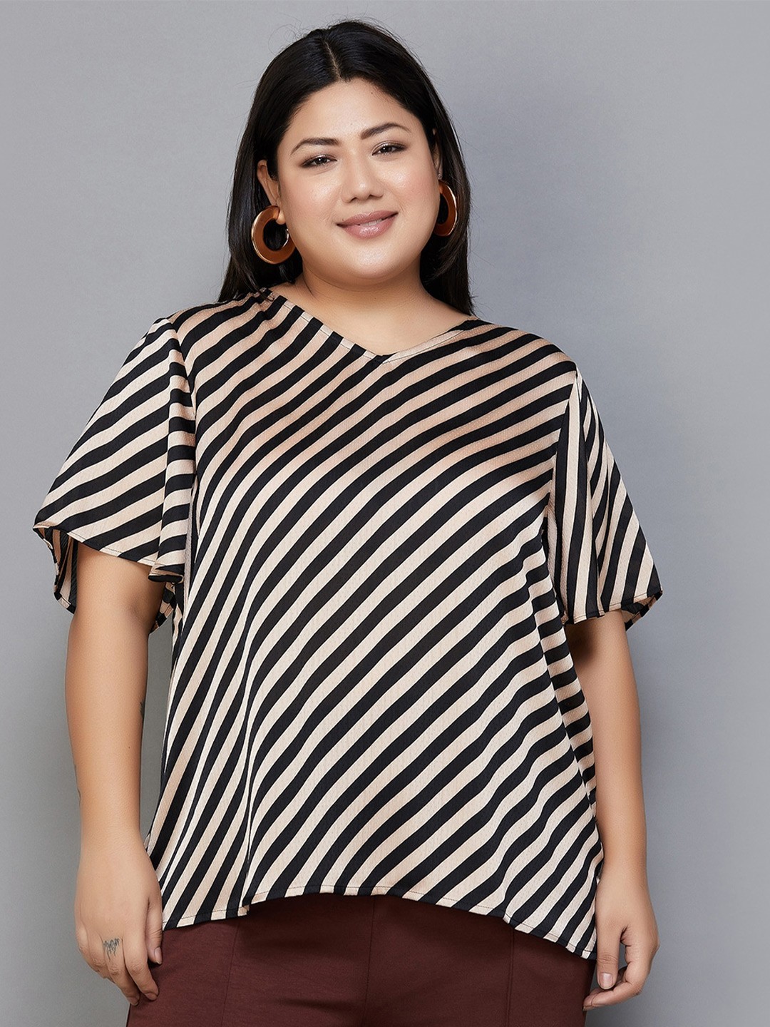 

Nexus by Lifestyle Striped V-Neck Plus Size Flared Sleeves Top, Beige