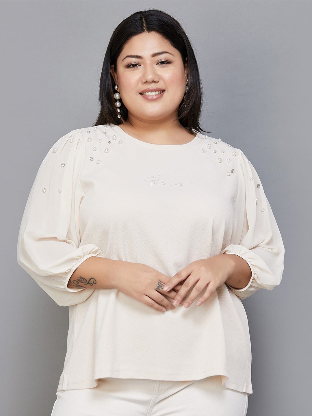 

Nexus by Lifestyle Round Neck Puff Sleeve Embroidered Plus Size Casual Top, Off white