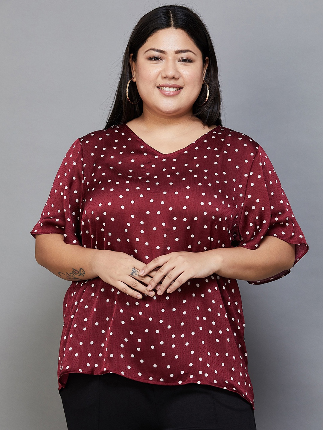 

Nexus by Lifestyle Plus Size Polka Dot Printed Flared Sleeves V-Neck Top, Red