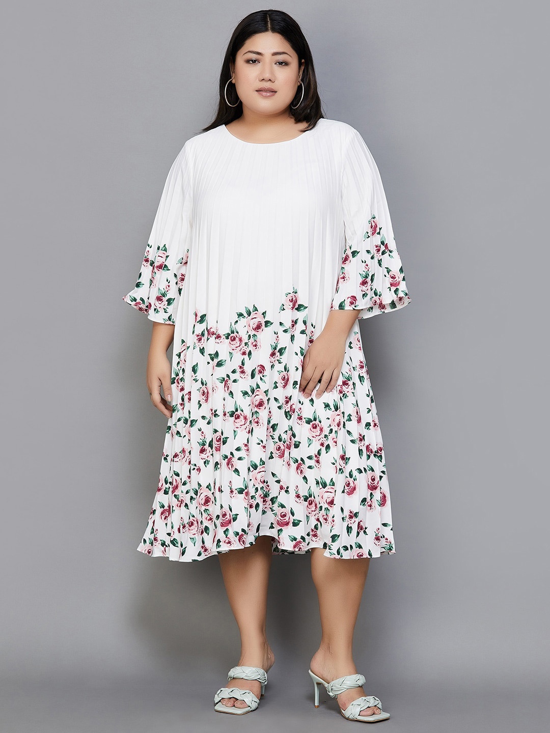 

Nexus by Lifestyle Plus Size Floral Printed Flared Sleeve A-Line Dress, Off white