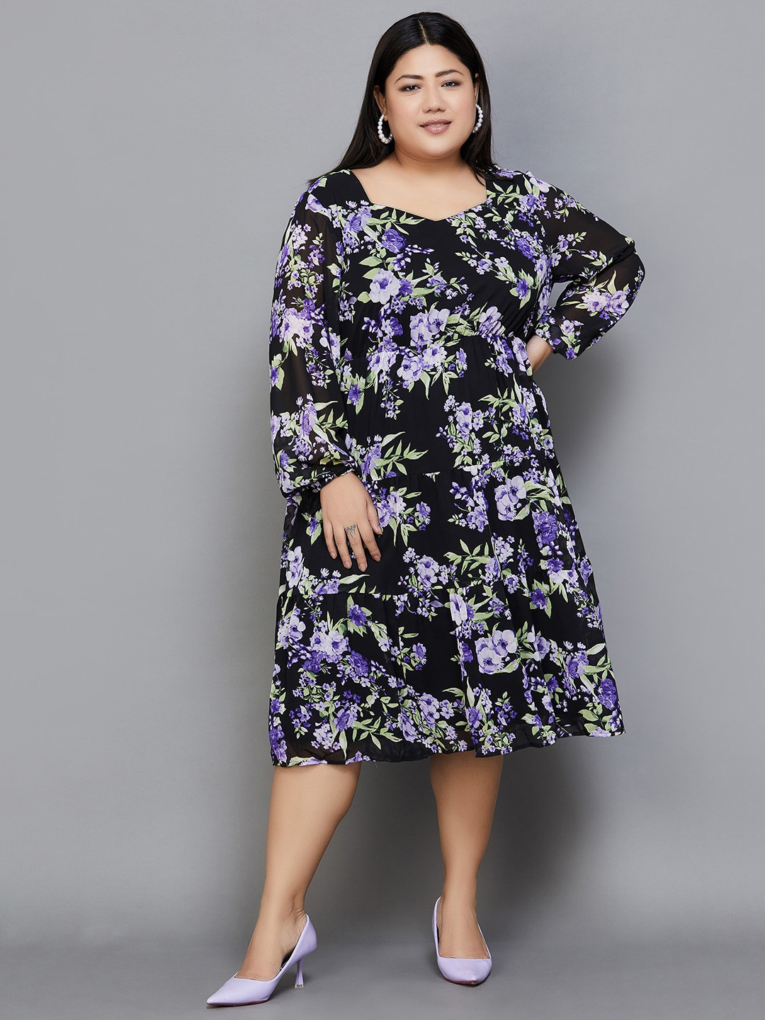 

Nexus by Lifestyle Plus Size Floral Printed V-Neck A-line Dress, Black
