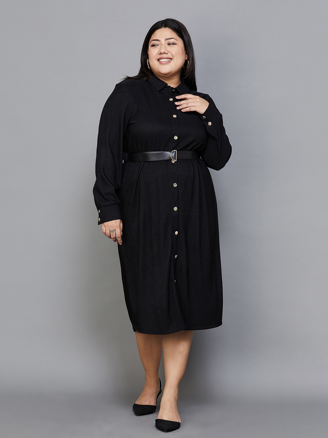 

Nexus by Lifestyle Plus Size Self Design Shirt Midi Dress, Black