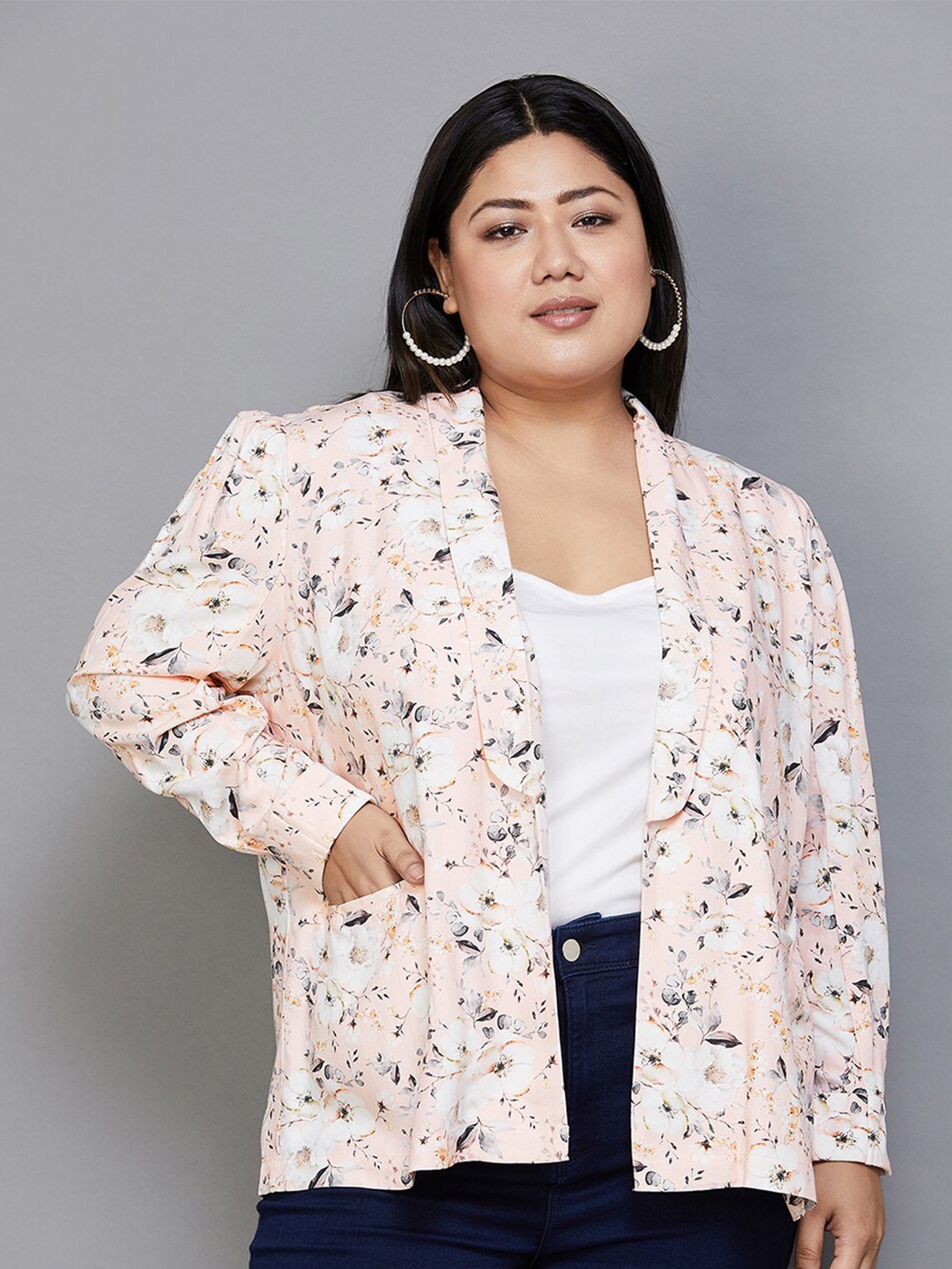 

Nexus by Lifestyle Floral Printed Plus Size Long Sleeves Open-Front Shrug, Pink