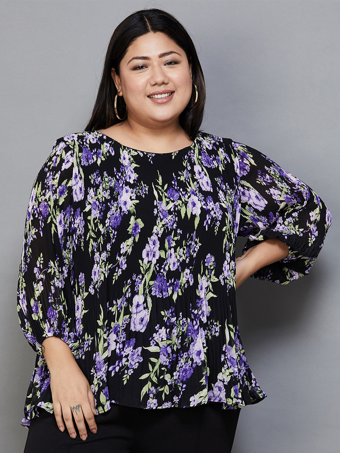 

Nexus by Lifestyle Plus Size Floral Printed Puff Sleeves Top, Black