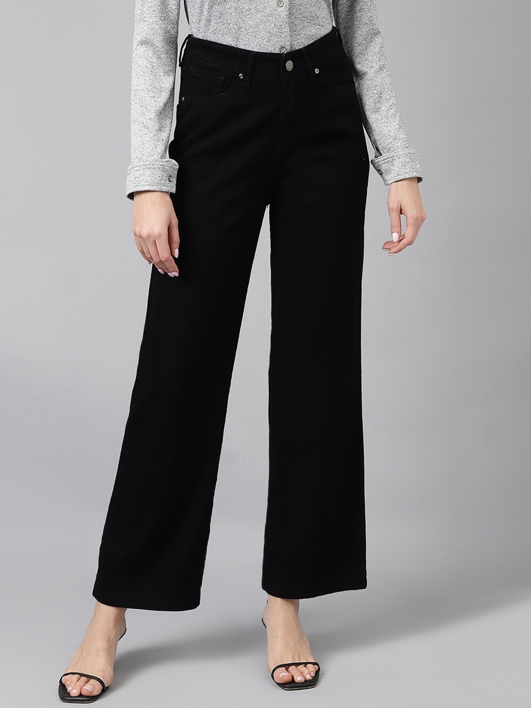 

Xpose Women Comfort Comfort High-Rise Wide Leg Pure Cotton Jeans, Black