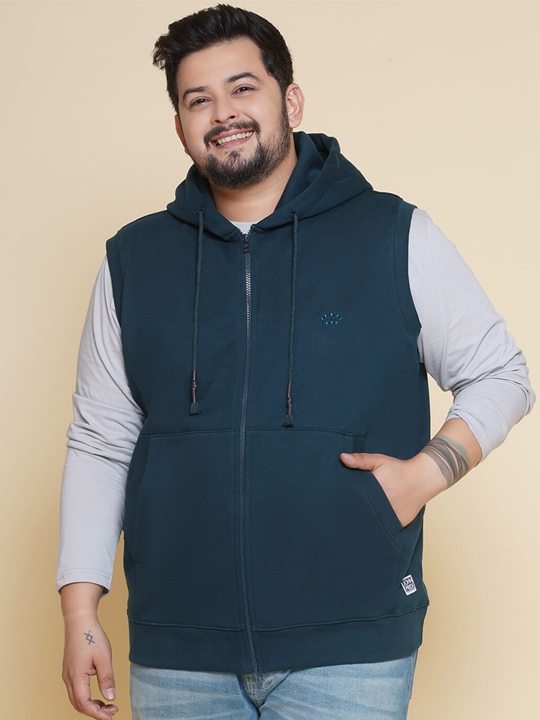 

John Pride Plus Size Hooded Cotton Front-Open Sweatshirt, Blue