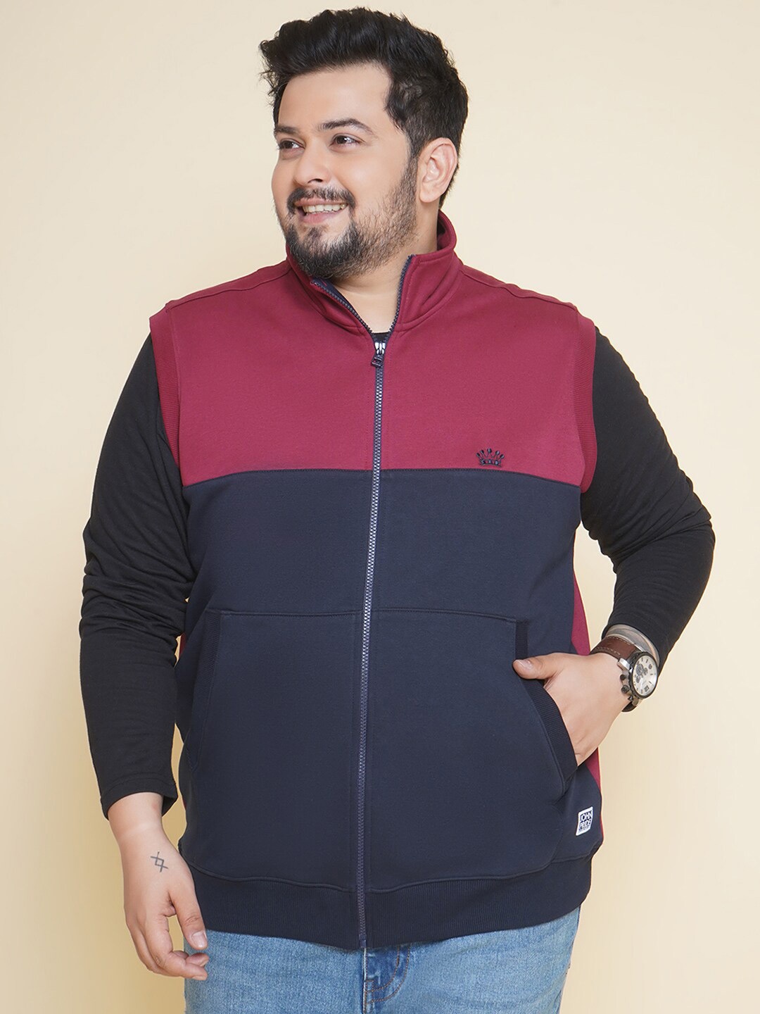 

John Pride Plus Size Mock Collar Cotton Front-Open Sweatshirt, Red