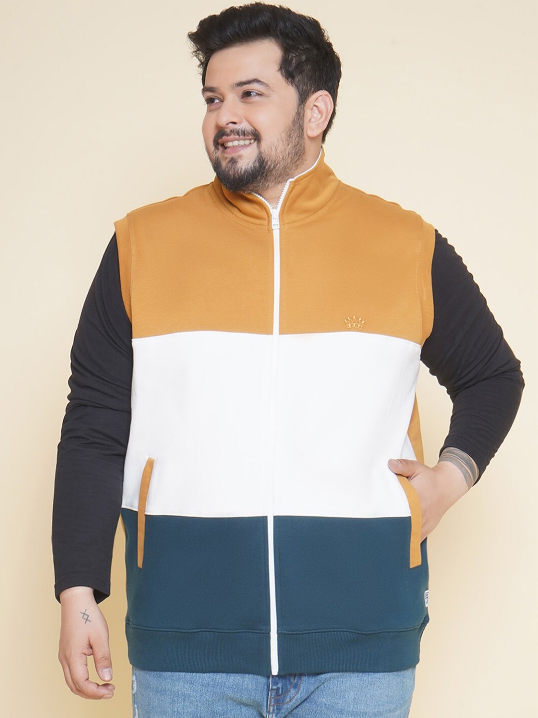 

John Pride Plus Size Mock Collar Cotton Front-Open Sweatshirt, Beige