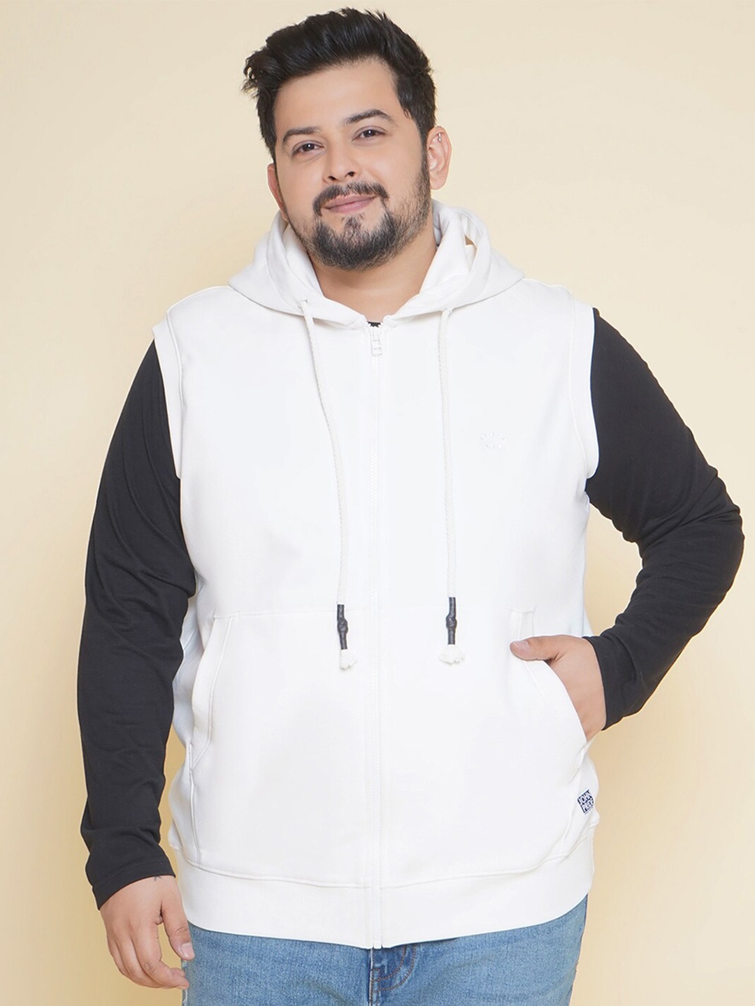 

John Pride Plus Size Hooded Cotton Front-Open Sweatshirt, Off white