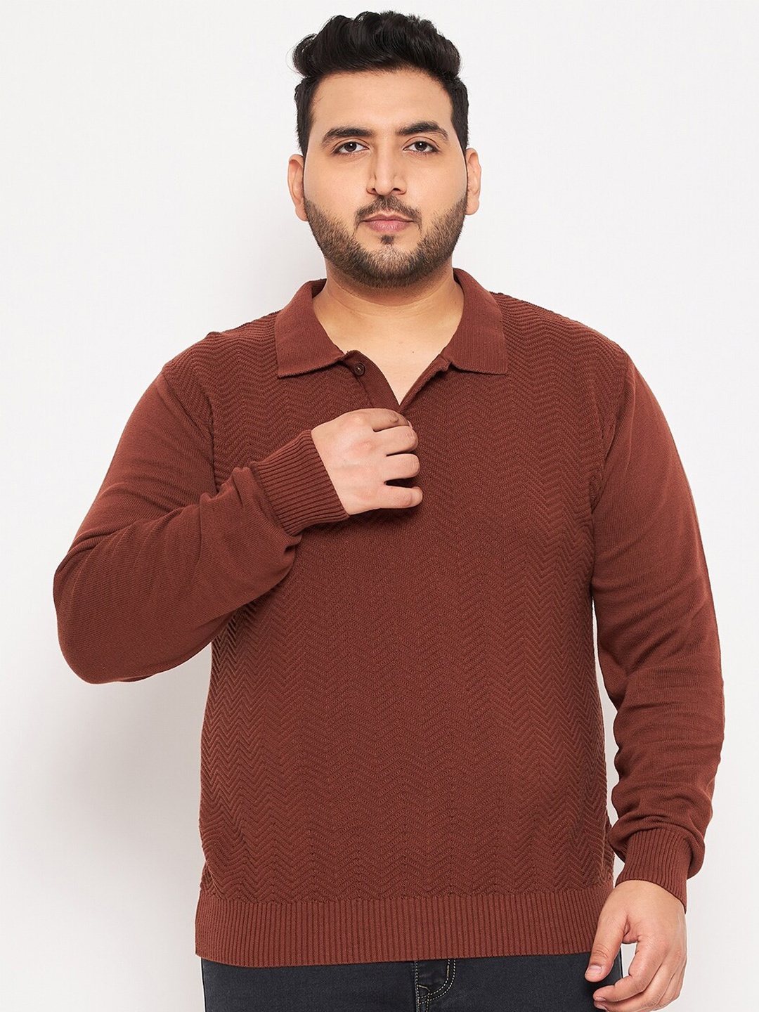 

Club York Plus Size Chevron Self Design Polo Collar Cotton Pullover, Brown