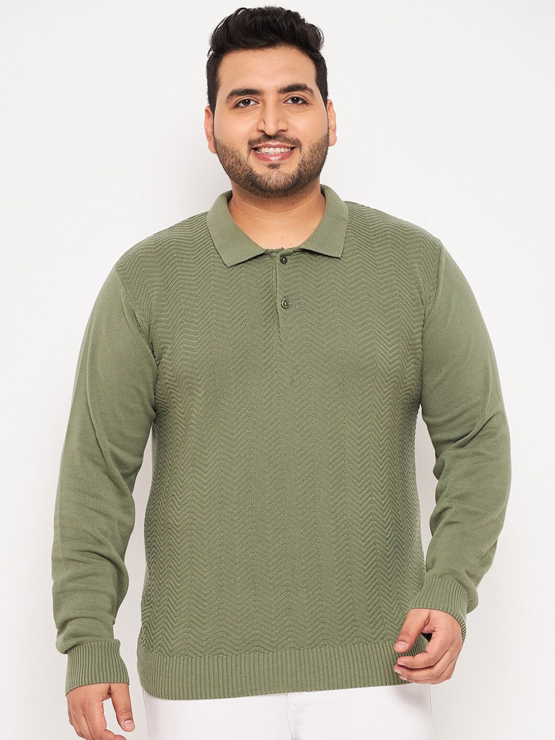 

Club York Plus Size Chevron Self Design Polo Collar Cotton Pullover, Green
