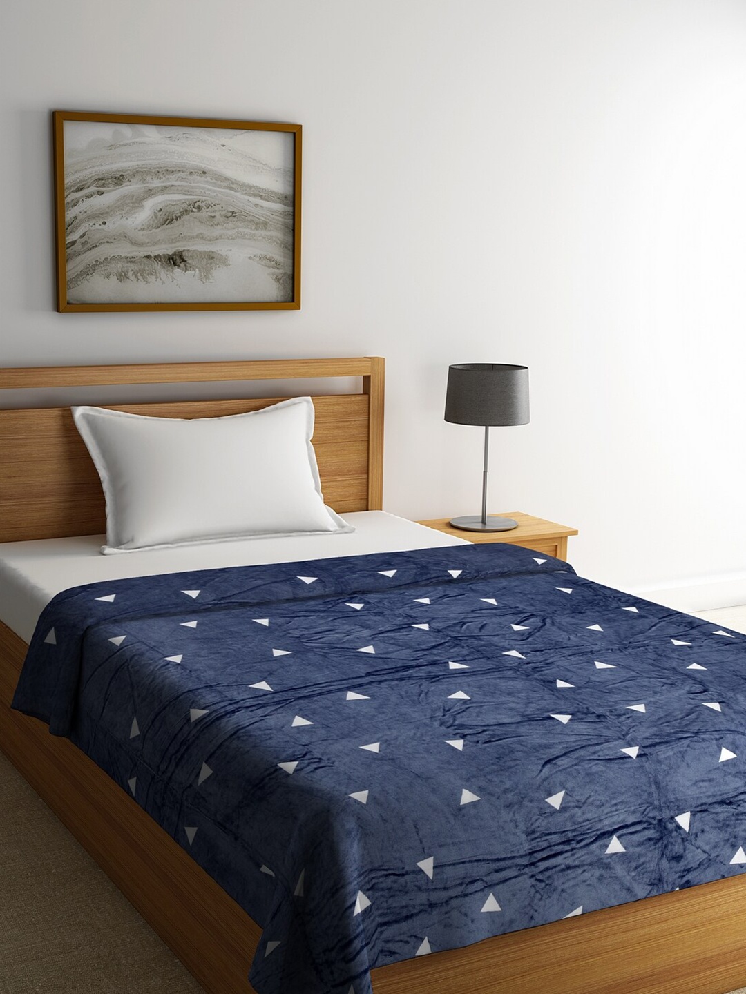 

Cortina Navy Blue & White Geometric Microfiber AC Room 250 GSM Single Bed Blanket