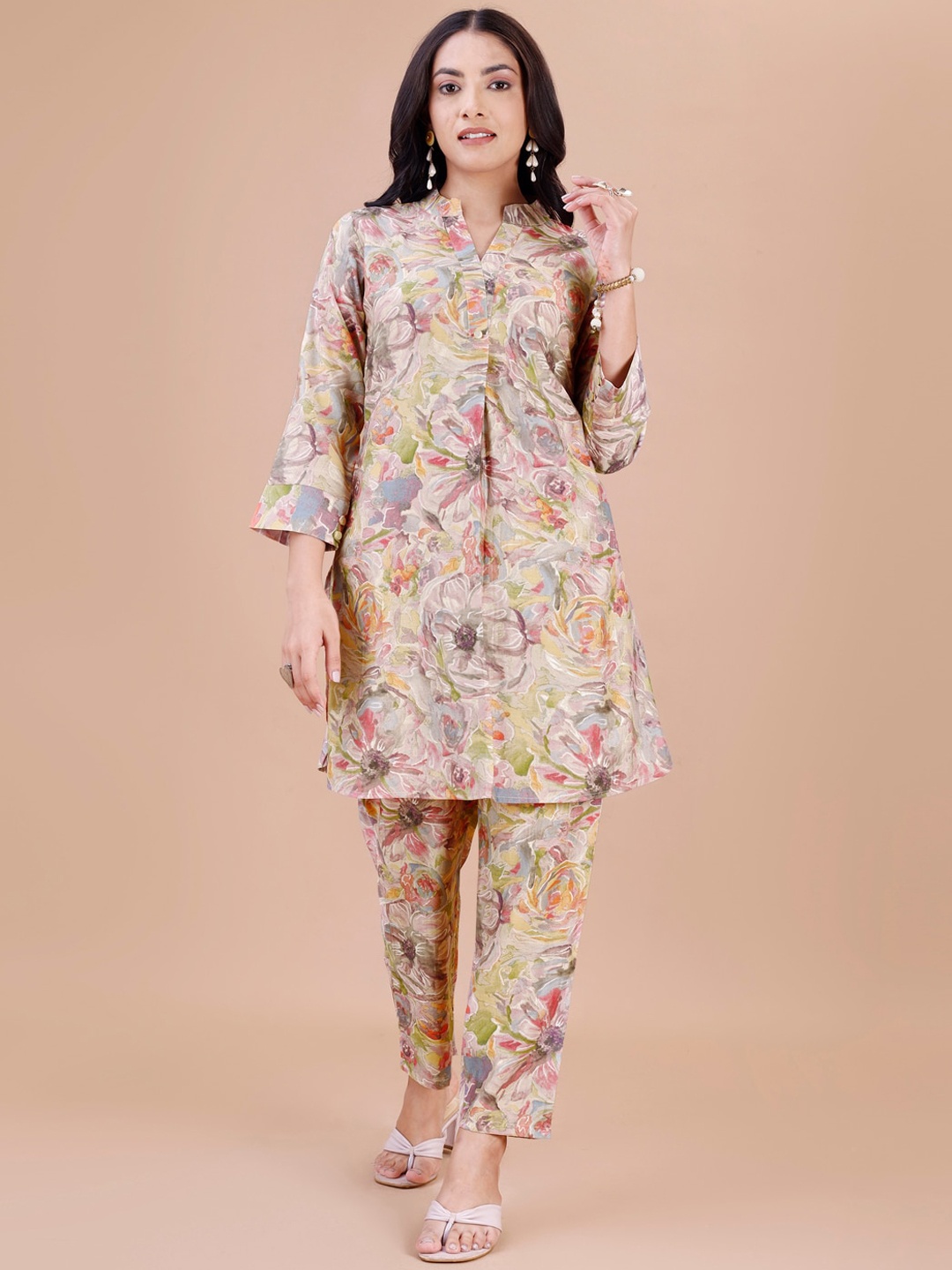 

Tikhi Imli Floral Printed Mandarin Collar Tunic With Trousers Co-Ords, Cream