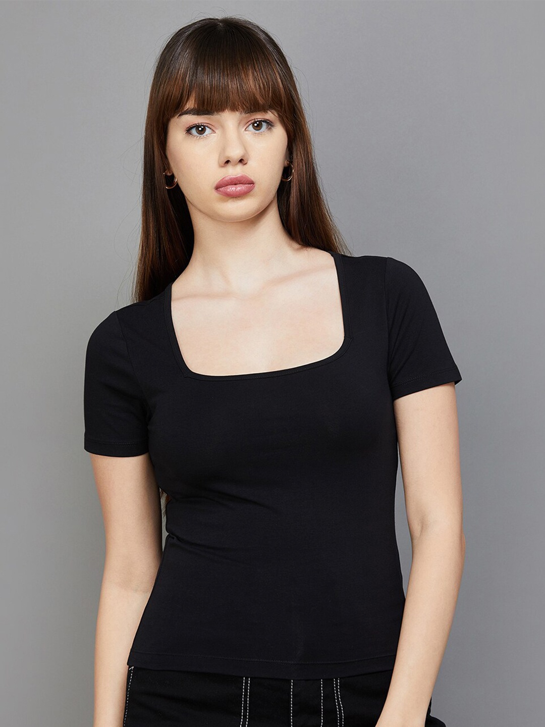 

Ginger by Lifestyle Square Neck Fitted Cotton Top, Black