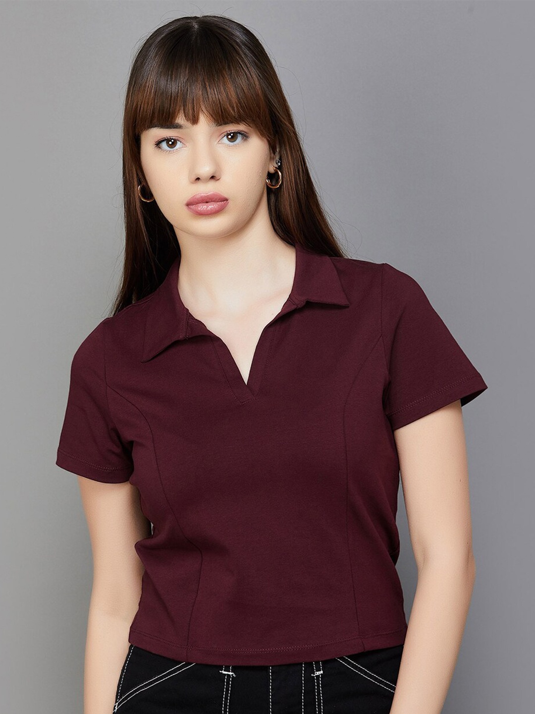 

Ginger by Lifestyle Shirt Collar Pure Cotton Top, Burgundy