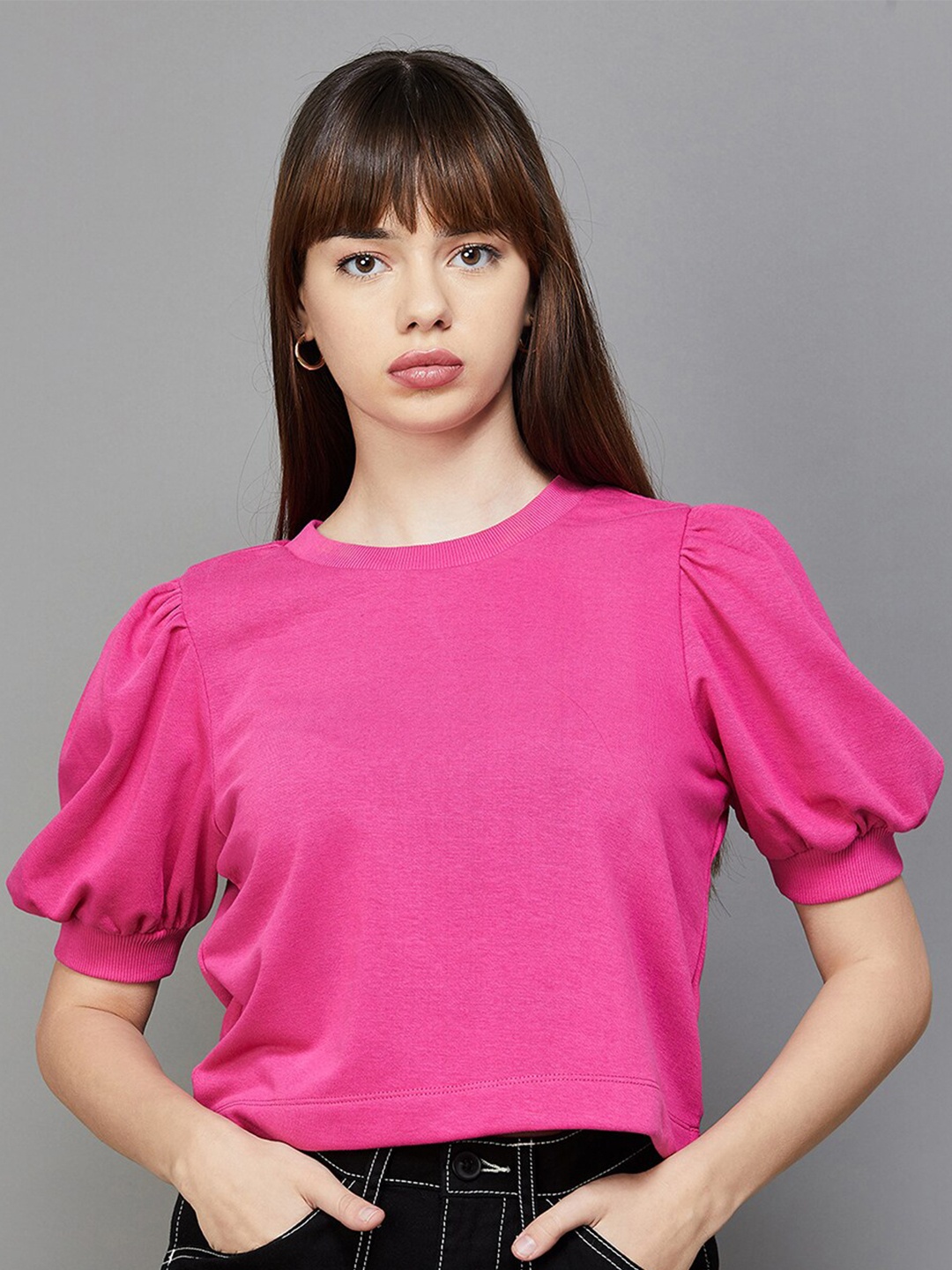 

Ginger by Lifestyle Puff Sleeves Pure Cotton Top, Pink