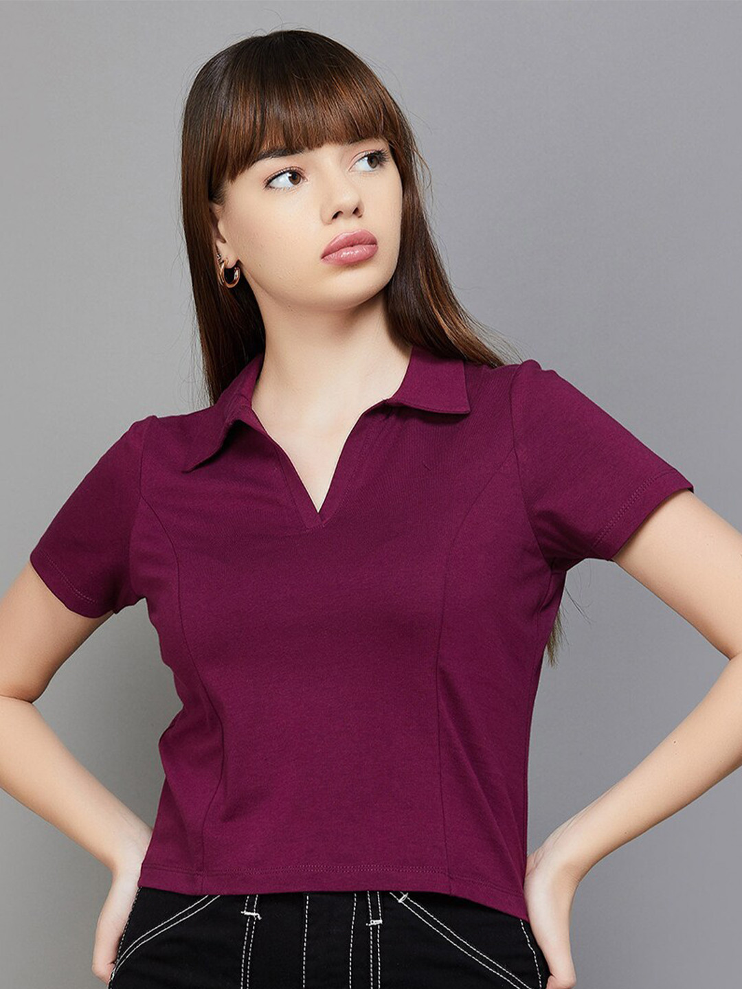 

Ginger by Lifestyle Shirt Collar Pure Cotton Top, Purple