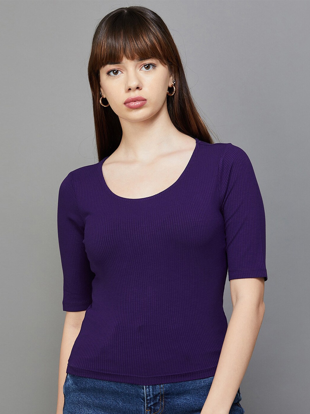 

Ginger by Lifestyle Scoop Neck Ribbed Fitted Top, Purple