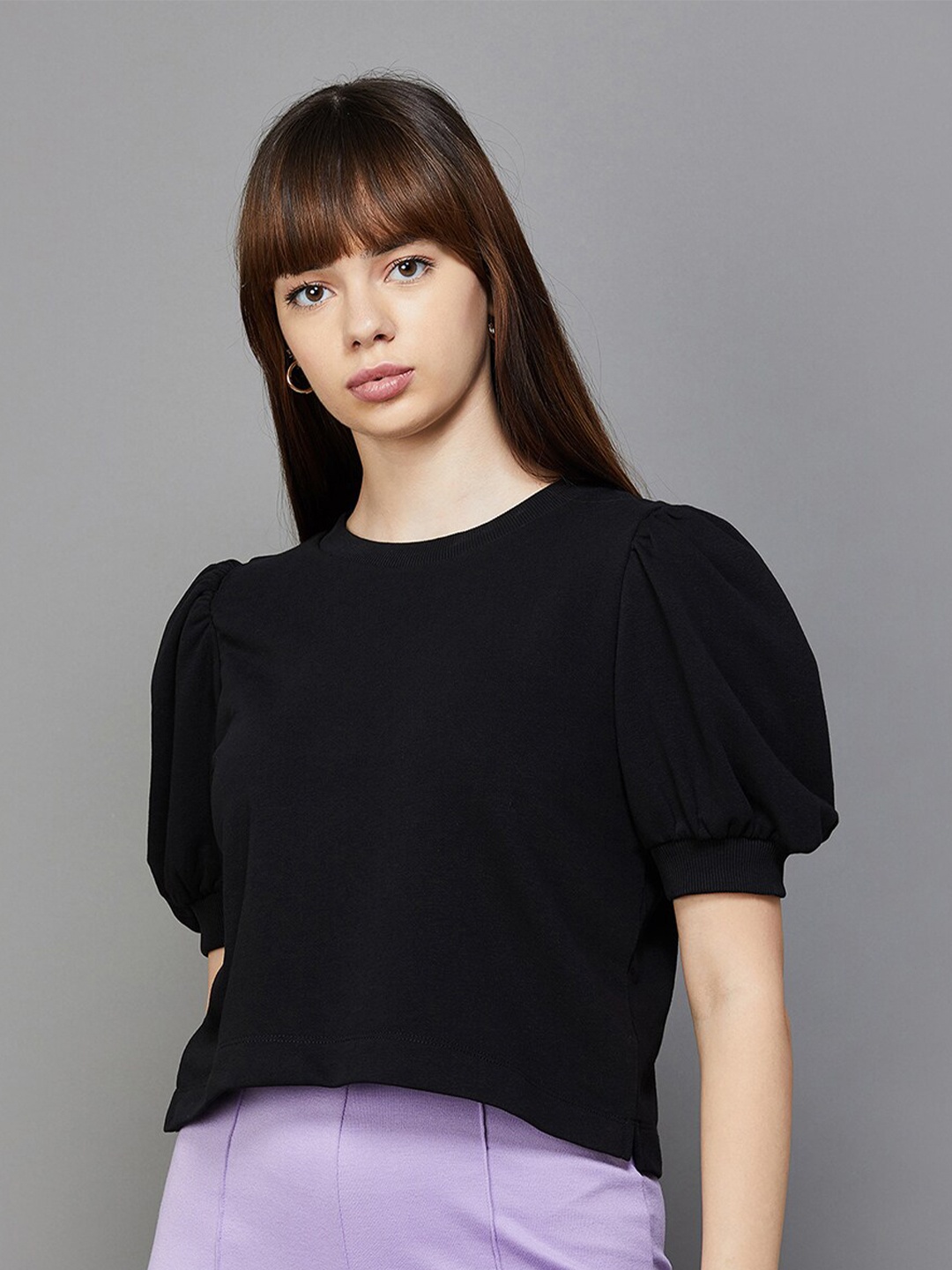 

Ginger by Lifestyle Puff Sleeve Pure Cotton Top, Black