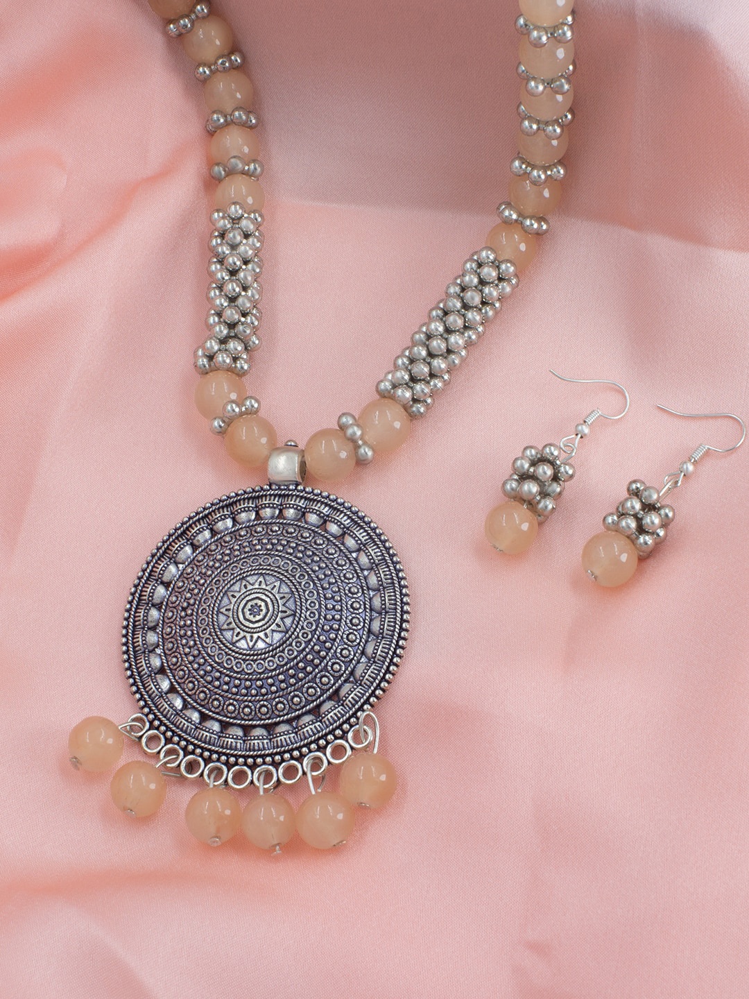 

PRIVIU Silver-Plated Beaded Oxidised Necklace & Earrings