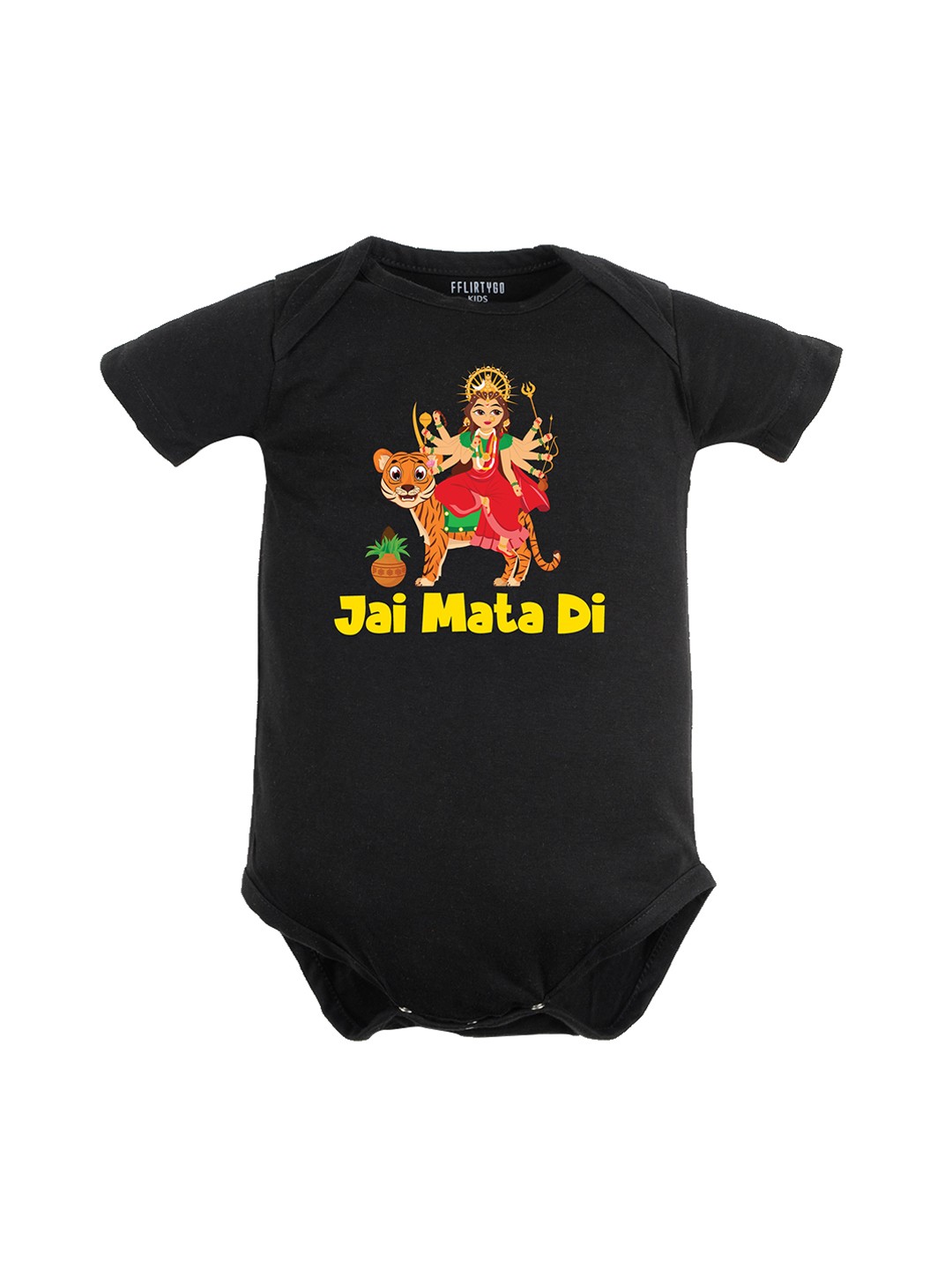 

FFLIRTYGO Infants Pure Cotton Durga Puja Special Printed Bodysuit, Black