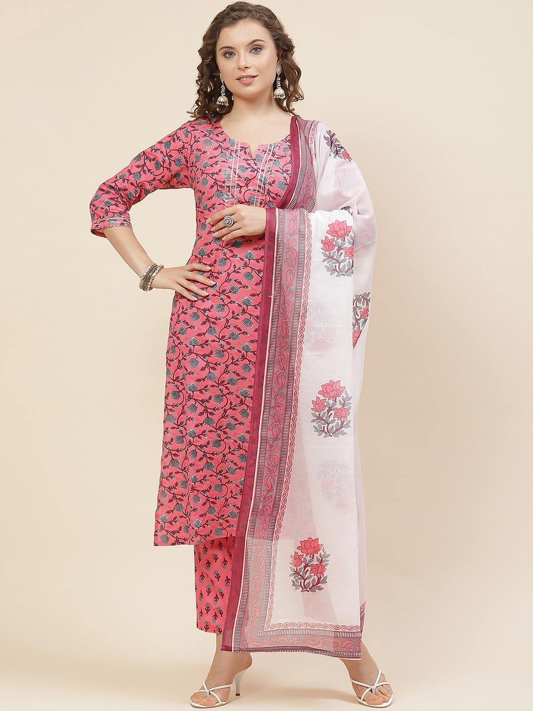 

Meena Bazaar Floral Printed Straight Kurta & Trousers With Dupatta, Pink