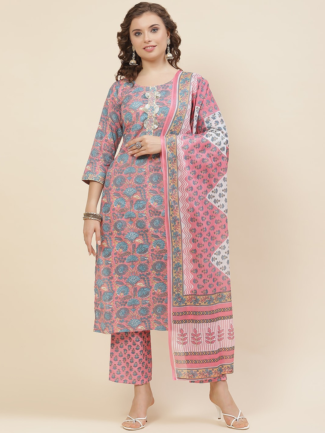 

Meena Bazaar Ethnic Motifs Printed Gotta Patti Kurta with Trousers & Dupatta, Pink