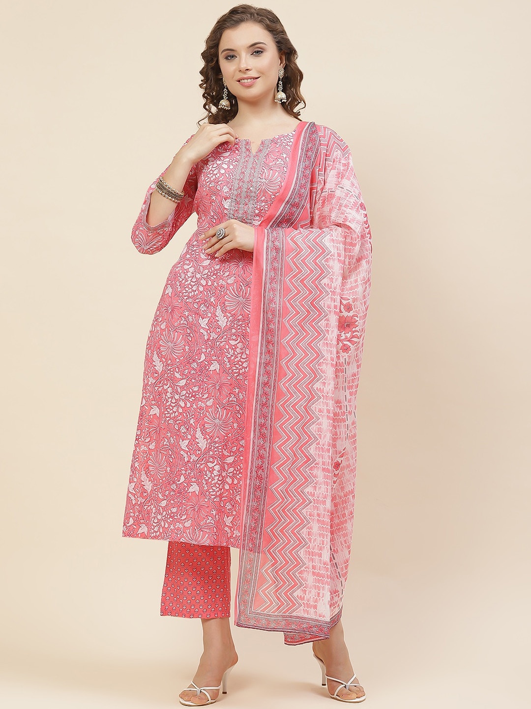 

Meena Bazaar Floral Printed Straight Kurta With Trousers & Dupatta, Pink