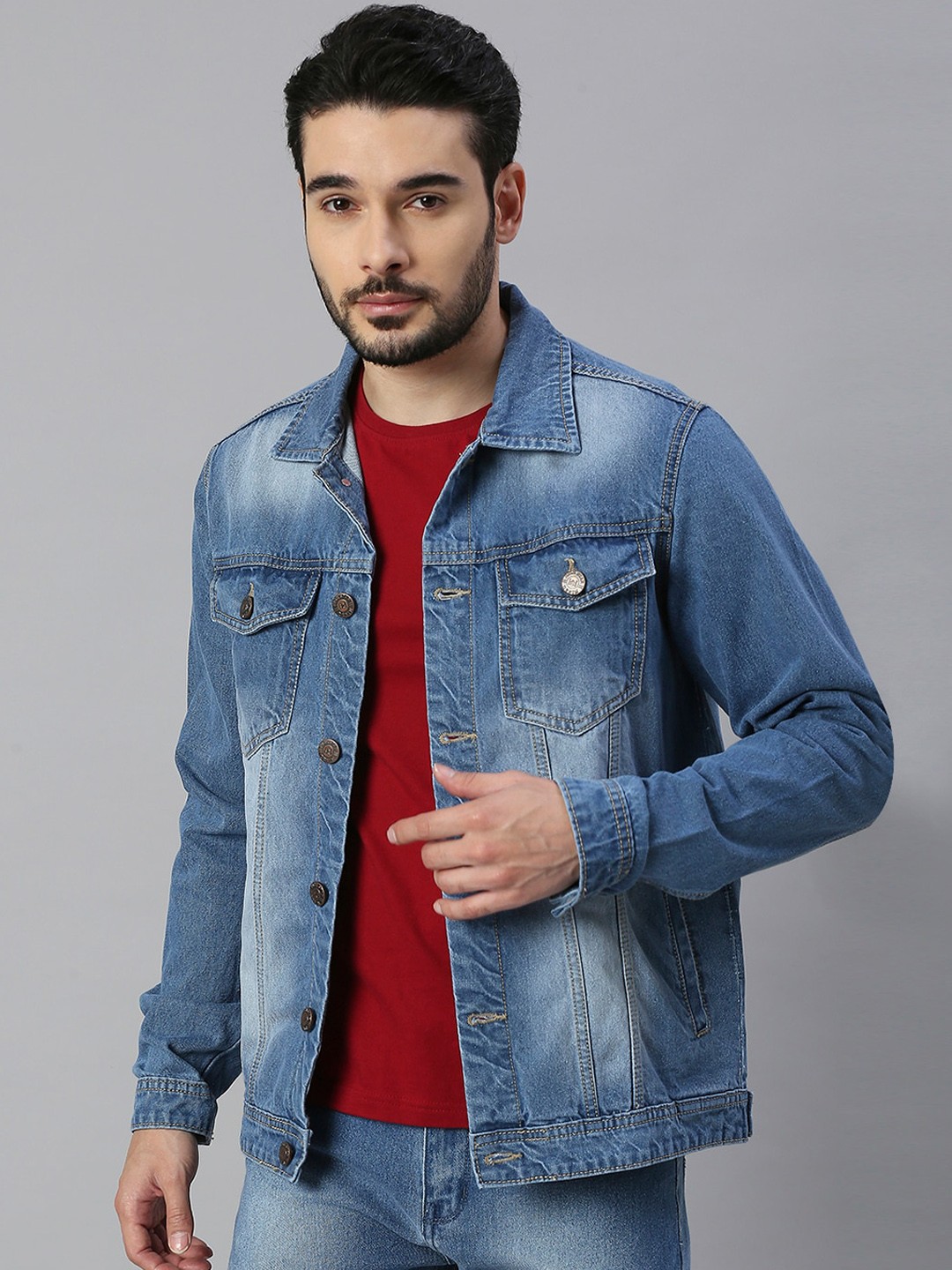 

High Star Men Blue Washed Outdoor Denim Jacket with Patchwork