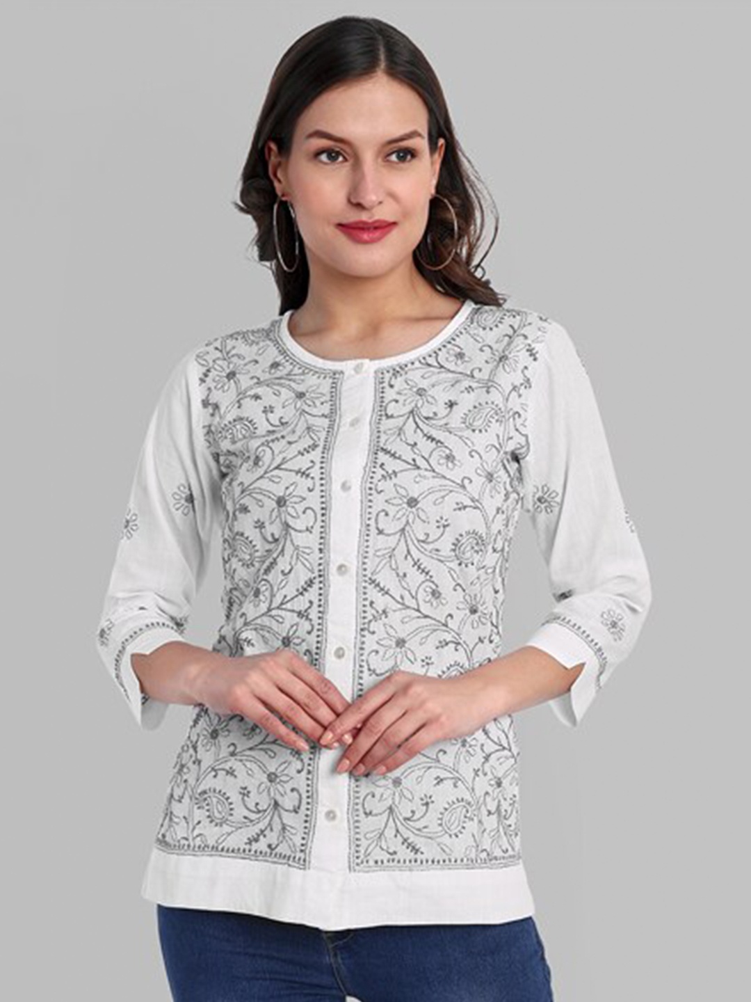 

ADA Ethnic Motifs Embroidered Thread Work Pure Cotton Top, White