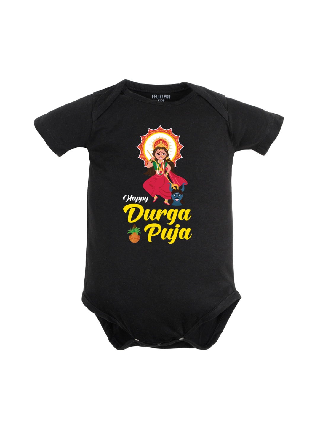 

FFLIRTYGO Infants Pure Cotton Durga Puja Special Printed Bodysuit, Black