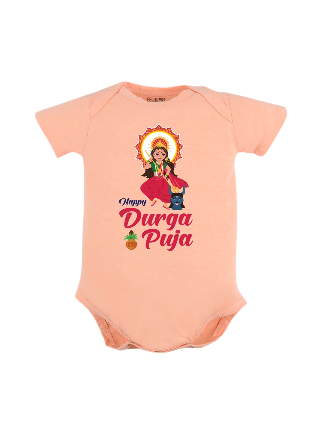 

FFLIRTYGO Kids Durga Puja Special Printed Pure Cotton Bodysuit, Peach