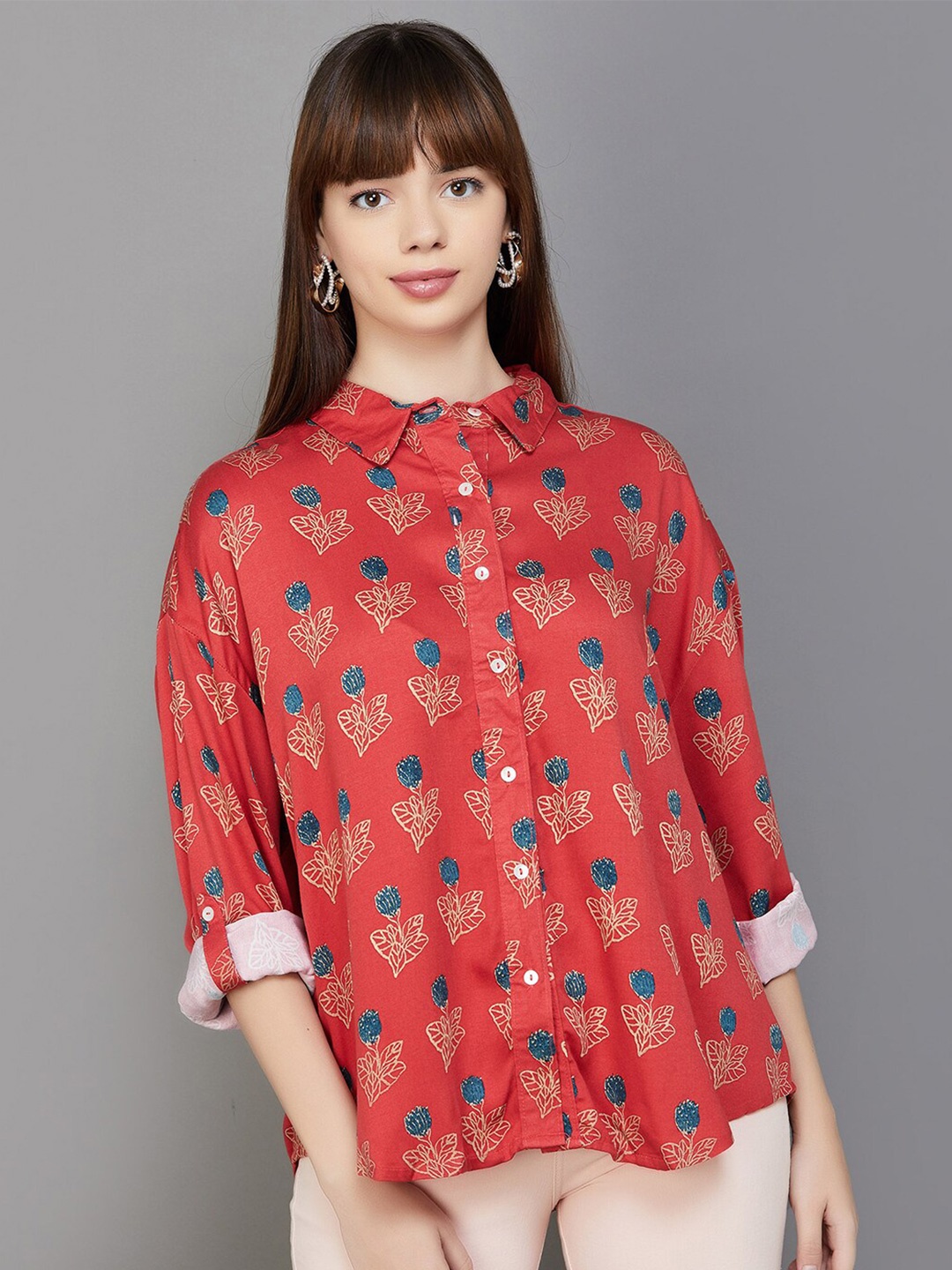 

Colour Me by Melange Floral Printed Spread Collar Casual Shirt, Red