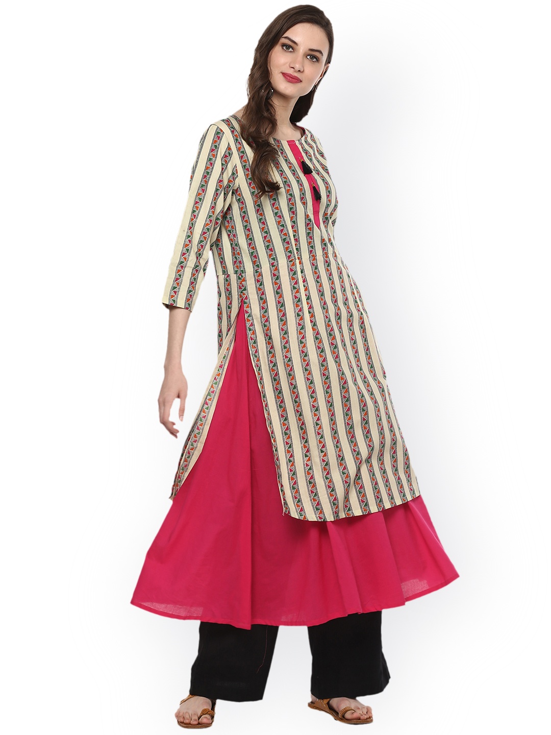 

Pannkh Women Beige & Pink Printed A-Line Layered Kurta