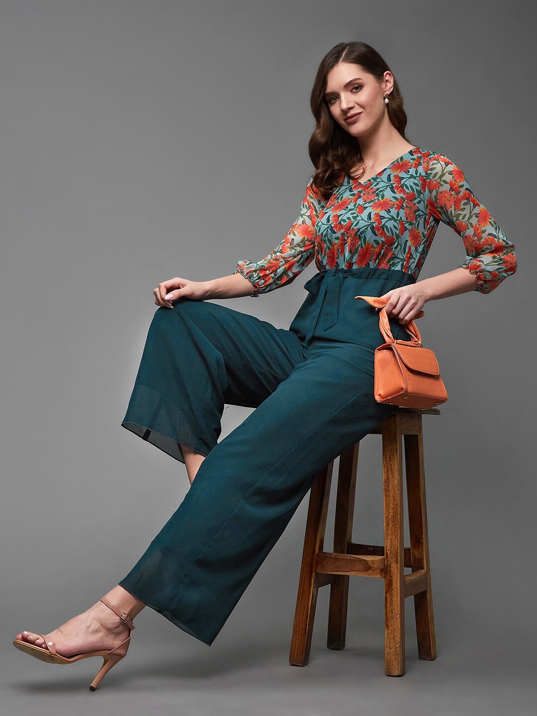 

Miss Chase Floral Printed V-Neck Basic Jumpsuit, Teal