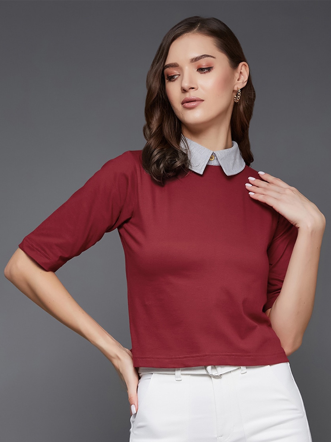 

Miss Chase Shirt Collar Casual Top, Brown