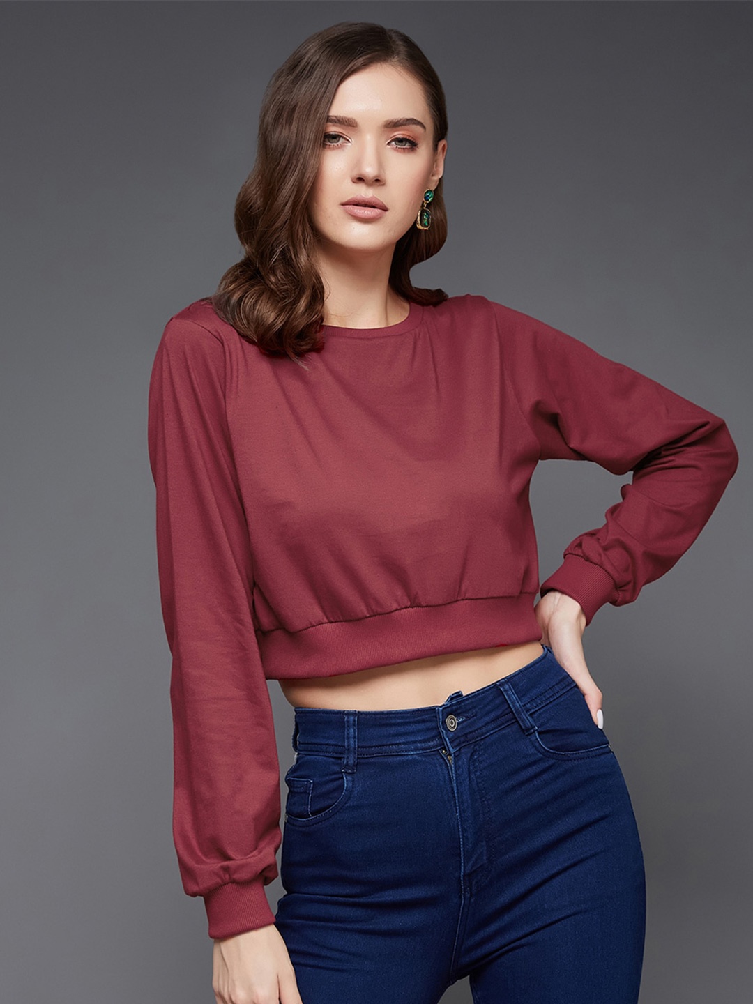 

Miss Chase Round Neck Puff Sleeves Oversized Crop Top, Maroon