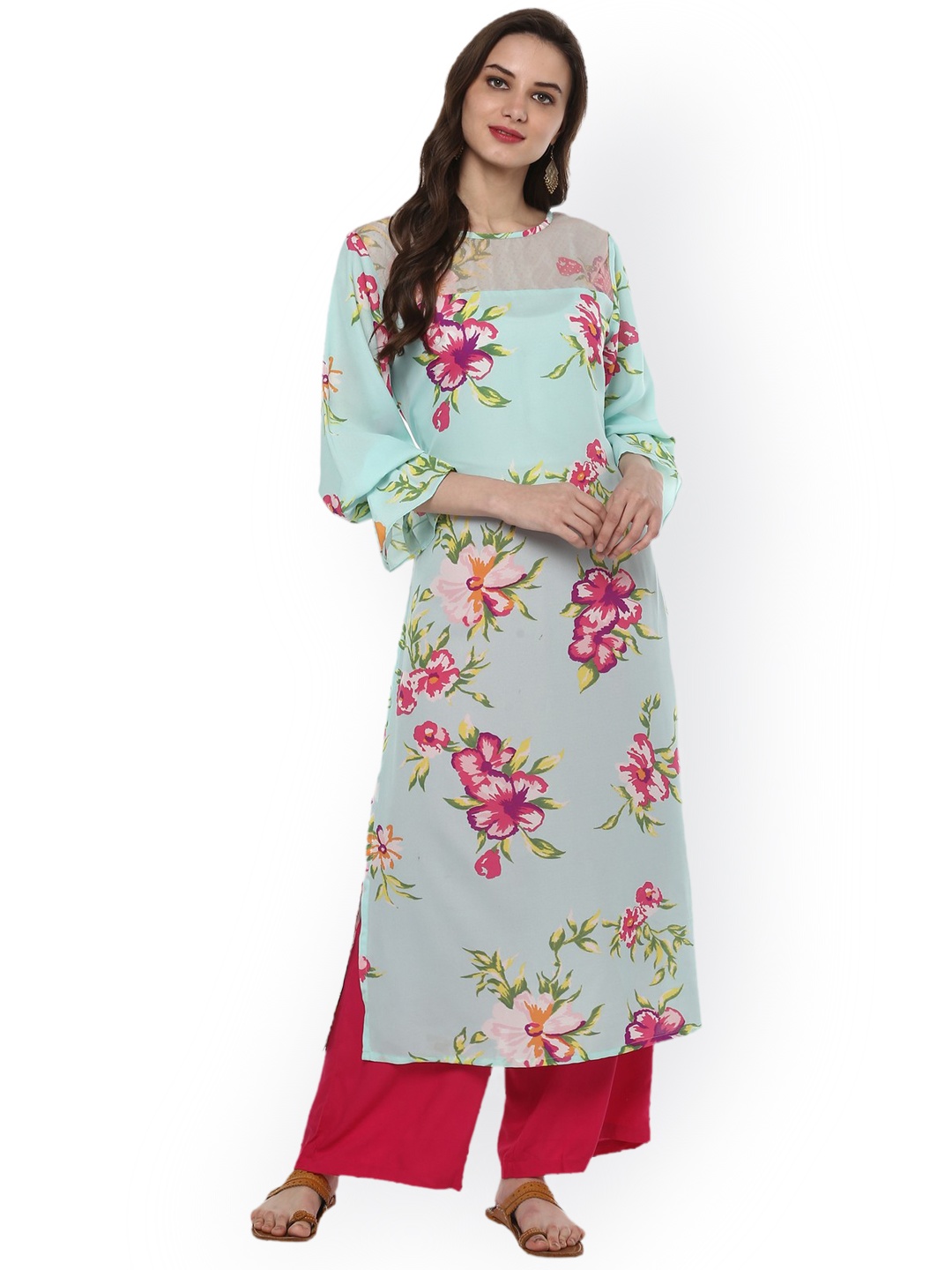 

Pannkh Women Sea Green & Multicoloured Floral Printed Straight Kurta