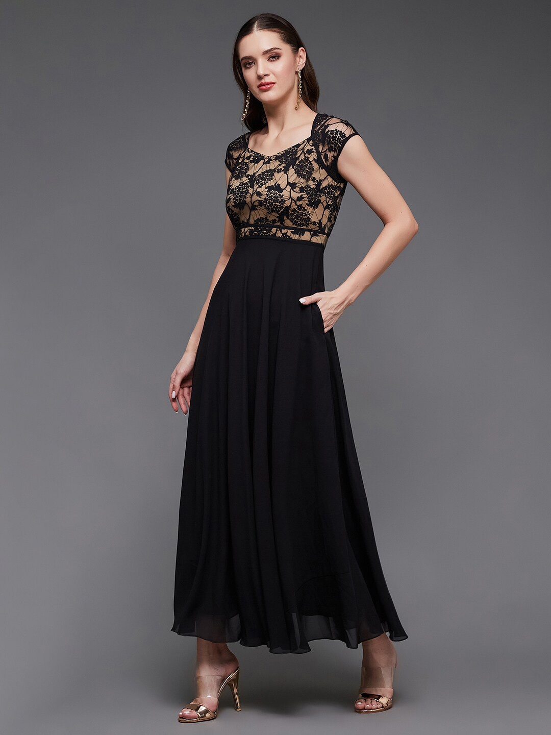 

Miss Chase Self Design Lace Overlaid Maxi Dress, Black