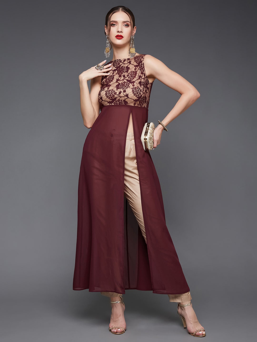 

Miss Chase Floral Printed Boat Neck Sleeveless Georgette Maxi Top, Maroon