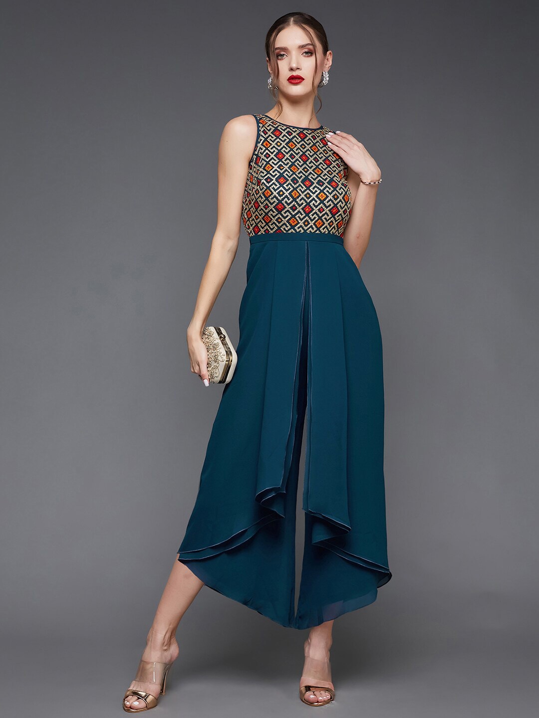 

Miss Chase Ethnic Motifs Embroidered Layered Basic Jumpsuit, Teal