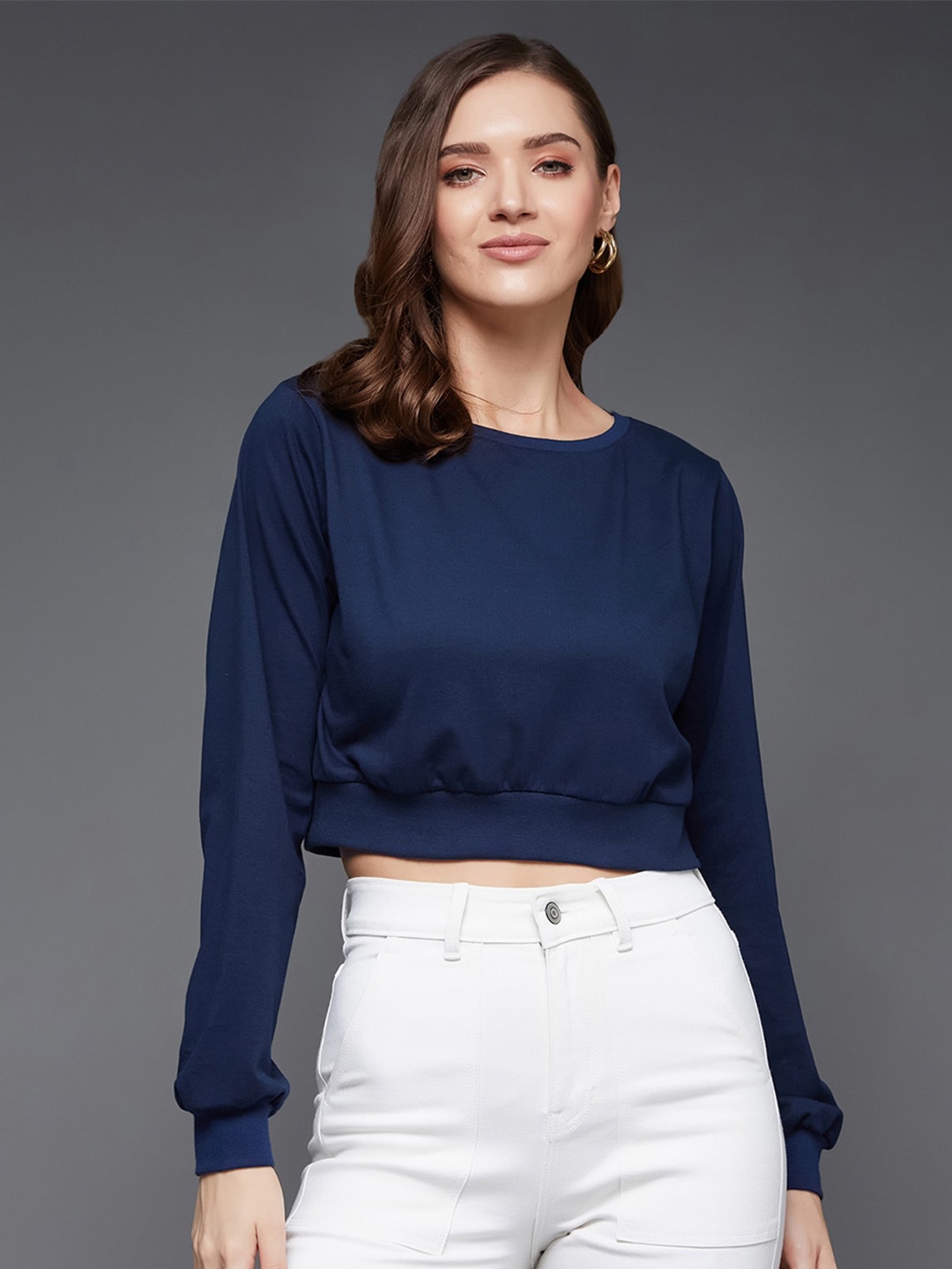 

Miss Chase Round Neck Puff Sleeves Oversized Crop Top, Navy blue