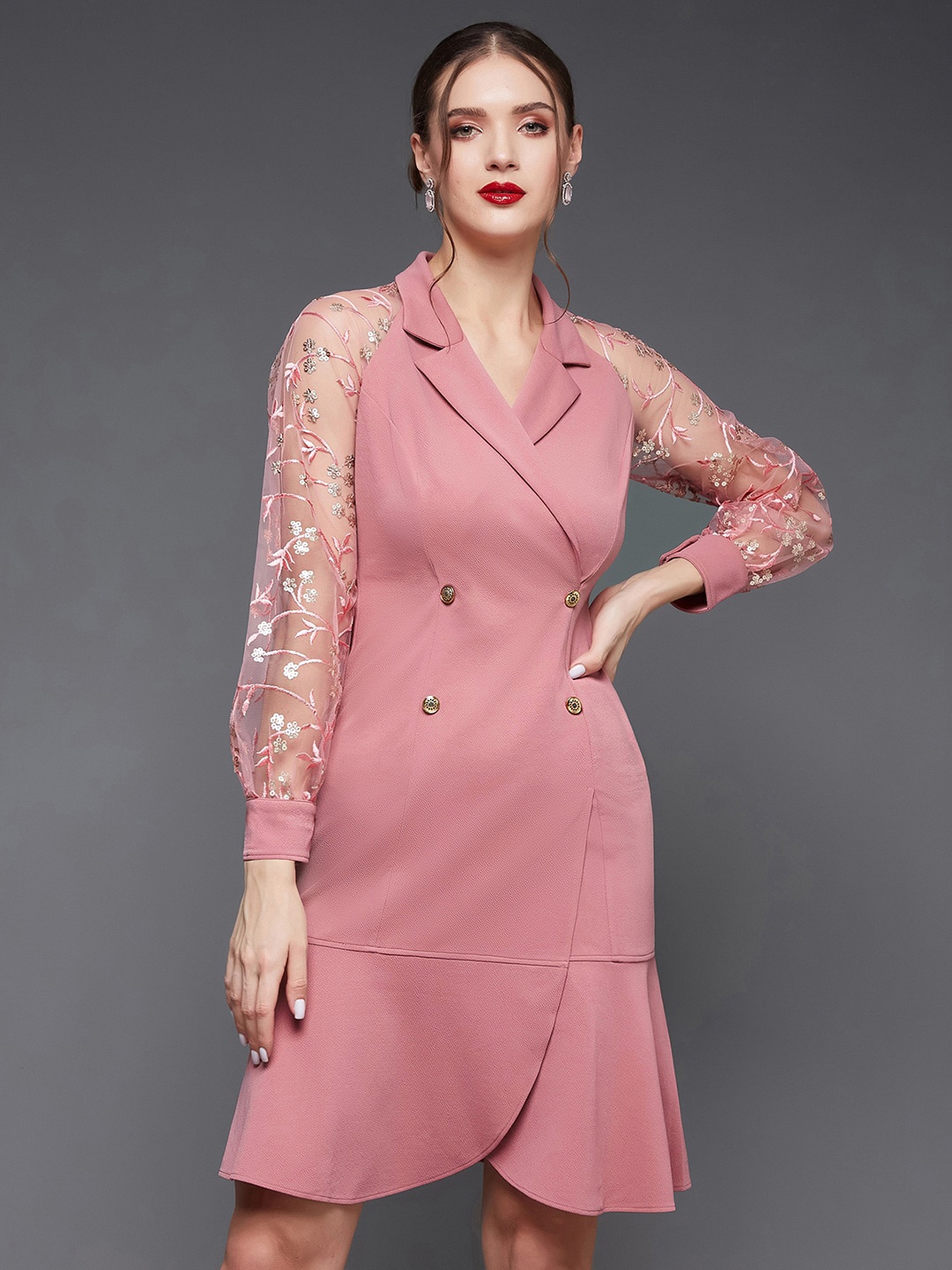 

Miss Chase Shirt Collar Cuffed Sleeves Tiered & Tulip Wrap Dress, Pink