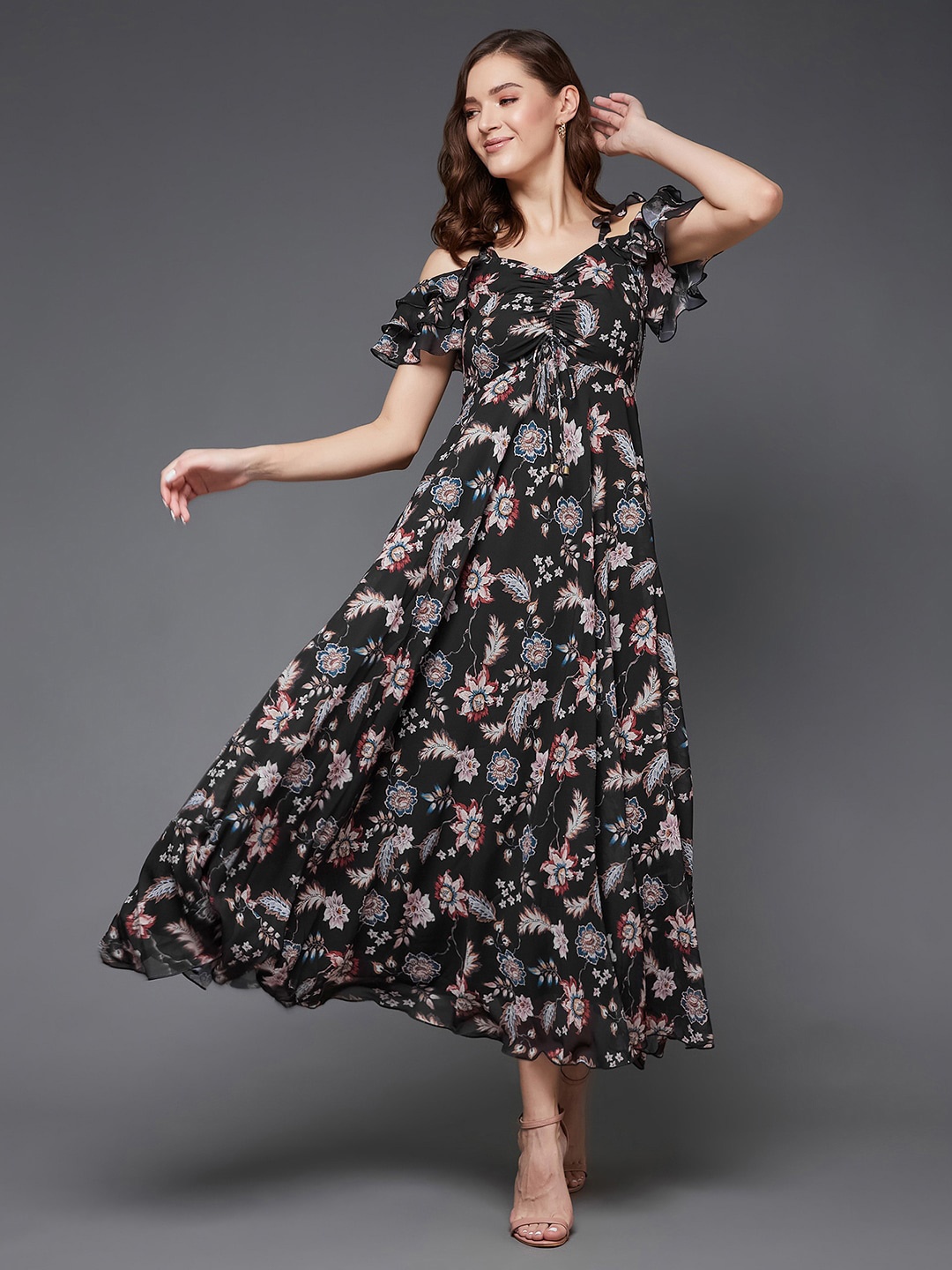 

Miss Chase Floral Printed Cold-Shoulder Tie-Ups Detail Georgette Maxi Dress, Black
